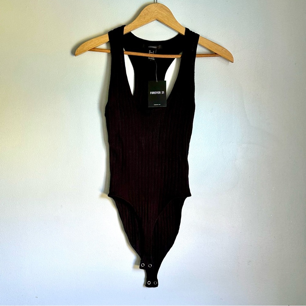 Forever 21 Rib Knit Racerback Bodysuit Black Small